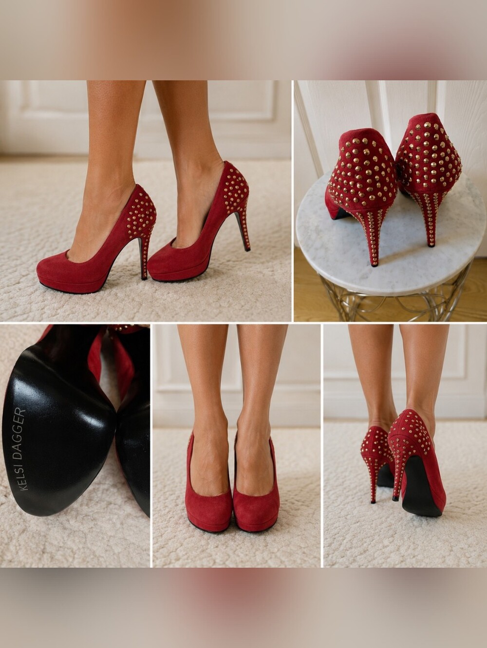 Kelsi Dagger Red Suede Studded Platform Stiletto Heels Size 10
